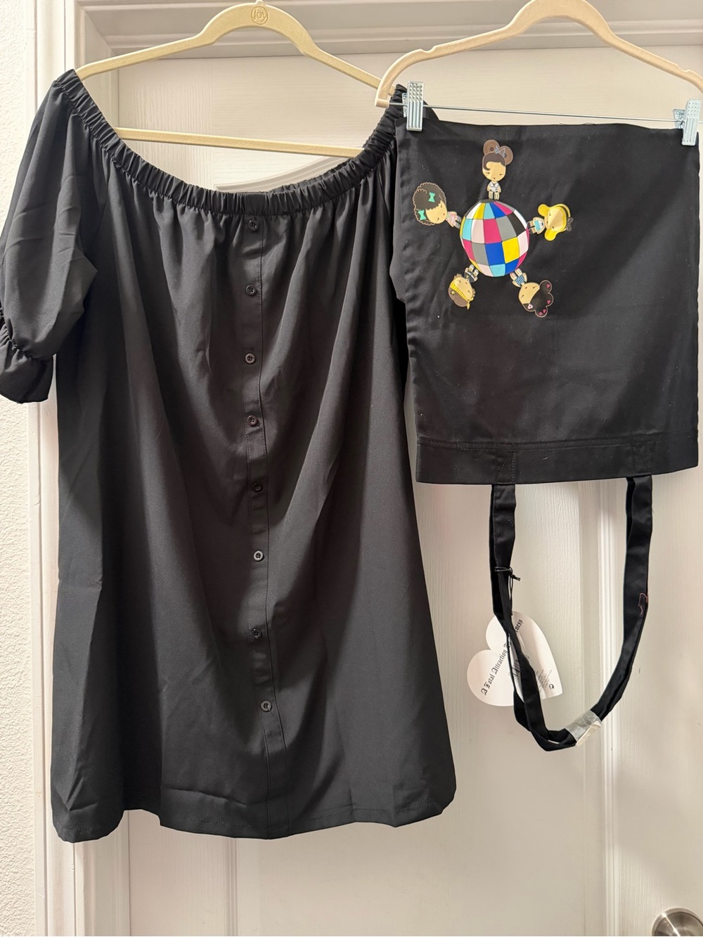 2-Black Off-Shoulder Midi Dress with Embroidered Skirt Panel